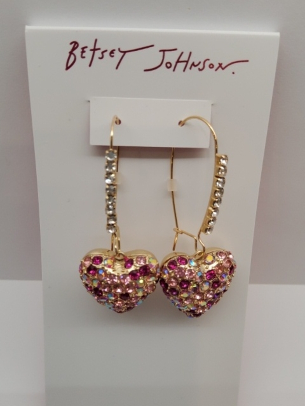 Betsey Johnson Gold Heart Hoop Earrings with Pink and Multicolor Crystals